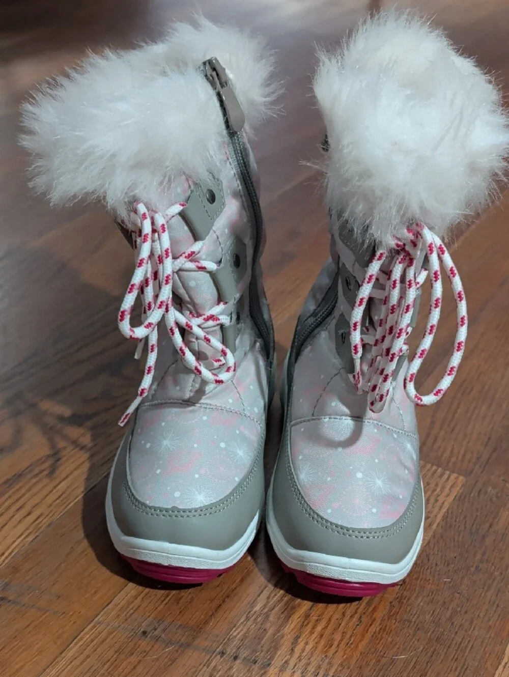 New Nordic Girls' Pink Faux-Fur Winter Snow Boots with Gray Trim kids 12